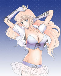 Rule 34 | 00s, 1girl, bad id, bad pixiv id, blue background, blue eyes, breasts, bustier, cleavage, colorized, elbow gloves, fingerless gloves, gloves, lapita, large breasts, lingerie, long hair, macross, macross frontier, midriff, miniskirt, monochrome, navel, notami, pink hair, see-through, sheryl nome, skirt, solo, underwear