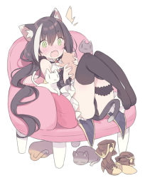 Rule 34 | 1girl, :o, ^^^, animal, animal ear fluff, animal ears, armchair, bare shoulders, black cat, black hair, black panties, black thighhighs, blade (galaxist), blush, boots, unworn boots, brown footwear, cat, cat ears, cat girl, cat tail, chair, fang, green eyes, hair between eyes, high heel boots, high heels, holding, holding animal, karyl (princess connect!), knees up, long hair, long sleeves, looking at viewer, low twintails, multicolored hair, no shoes, nose blush, on chair, open mouth, panties, pillow, princess connect!, shirt, simple background, sleeveless, sleeveless shirt, sleeves past wrists, solo, streaked hair, sweat, tail, thighhighs, twintails, underwear, very long hair, white background, white cat, white hair, white shirt