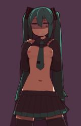 Rule 34 | 1girl, :|, aqua hair, breasts, closed mouth, clothes lift, cowboy shot, detached sleeves, female focus, hatsune miku, highres, jitome, lifting own clothes, long hair, miniskirt, navel, necktie, nipples, nns (sobchan), no bra, pleated skirt, shirt lift, simple background, skirt, small breasts, solo, thighhighs, twintails, vocaloid, zettai ryouiki
