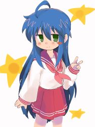 Rule 34 | 1girl, :3, absurdres, ahoge, arm at side, blue hair, blush, blush stickers, collarbone, dot nose, green eyes, hair between eyes, highres, izumi konata, jaggy lines, long hair, long sleeves, looking at viewer, lucky star, neckerchief, pink neckerchief, pizamanmgmg 1, red sailor collar, red serafuku, red skirt, sailor collar, school uniform, serafuku, shirt, skirt, sleeves past wrists, solo, star (symbol), v, very long hair, white background, white shirt