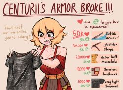 Rule 34 | 1girl, armor, bare shoulders, blonde hair, breasts, centurii-chan, centurii-chan (artist), chainmail, cleavage, crying, dress, greco-roman clothes, hair between eyes, heart, highres, linothorax, long bangs, medium breasts, medium hair, meme, off-shoulder dress, off shoulder, open mouth, original, parted bangs, red dress, roman clothes, simple background, solo, tearing up, tears, teeth, twitter strip game (meme), upper teeth only, yellow eyes