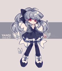 Rule 34 | 1girl, ahoge, artist name, black bow, black dress, black pantyhose, bow, bug, butterfly, clenched hand, closed mouth, dated, dress, full body, grey background, grey hair, hair bow, hand to own mouth, hand up, highres, insect, knees together feet apart, layered dress, long hair, long sleeves, looking at viewer, original, pantyhose, red eyes, solo, standing, striped clothes, striped pantyhose, vertical-striped clothes, vertical-striped pantyhose, watermark, white bow, white butterfly, white footwear, wide ponytail, xianyudian laoban