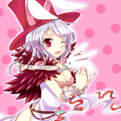 Rule 34 | 1girl, animal ears, blush, breasts, cleavage, commentary request, detached sleeves, dress, fur collar, hat, holding animal, holding rabbit, long hair, looking at viewer, lowres, lunatic (ragnarok online), medium breasts, one eye closed, open mouth, pink background, rabbit, rabbit ears, ragnarok online, red eyes, red headwear, shiosumi aya, side slit, smile, sorcerer (ragnarok online), top hat, upper body, white dress, white hair, white sleeves