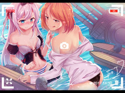 Rule 34 | 2girls, :q, absurdres, animal ears, ass, azur lane, bare shoulders, black hairband, black panties, black skirt, blonde hair, blue eyes, braid, breasts, cat ears, clenched hand, clothes pull, collared shirt, corset, crown braid, detached sleeves, dress shirt, fei luo mao, hairband, hammann (azur lane), highres, implied kiss, large breasts, letterboxed, long hair, long sleeves, looking at viewer, miniskirt, multiple girls, naughty face, navel, off shoulder, open clothes, open shirt, orange hair, panties, partially submerged, pleated skirt, prince of wales (azur lane), red eyes, shirt, short hair, short sleeves, silver hair, skirt, skirt pull, striped clothes, striped panties, swept bangs, taking picture, tongue, tongue out, underwear, very long hair, water, wet, wet clothes, white shirt, yuri