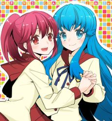 Rule 34 | 10s, 2girls, :d, aino megumi, blue eyes, blue hair, blush, copyright name, holding hands, happinesscharge precure!, jpeg artifacts, long hair, long sleeves, multiple girls, ooshima tomo, open mouth, pink hair, ponytail, precure, red eyes, sailor collar, school uniform, shirayuki hime, skirt, smile