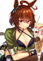 Rule 34 | 1girl, :3, absurdres, agnes tachyon (lunatic lab) (umamusume), agnes tachyon (umamusume), ahoge, animal ears, bikini, black bikini, black gloves, breasts, brown hair, cherry, cleavage, collarbone, commentary, criss-cross halter, ear ornament, food, food on body, food on breasts, fruit, gloves, green jacket, hair between eyes, halterneck, highres, holding, holding spoon, horse ears, horse girl, horse tail, ice cream, jacket, kii-kun (agnes tachyon) (umamusume), large breasts, mandrake, messy hair, midriff, navel, official alternate costume, official alternate hairstyle, red eyes, short hair, short ponytail, single glove, spoon, sundae, swimsuit, tail, tied jacket, tomoru (tomanvil 3), umamusume, upper body, wafer, whipped cream