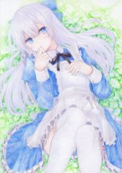 Rule 34 | 1girl, apron, black bow, blue bow, blue dress, blue eyes, blush, bow, closed mouth, colored pencil (medium), darkkanan, dress, eyes visible through hair, flower, frilled apron, frilled dress, frills, grass, hair between eyes, hair bow, highres, key, long hair, long sleeves, looking at viewer, lying, on back, original, outdoors, painting (medium), solo, thighhighs, traditional media, watercolor (medium), white hair, white thighhighs