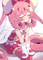 Rule 34 | 1girl, absurdres, cape, closed eyes, closed mouth, commentary request, curly hair, facing viewer, garter straps, hat, head chain, highres, jewelry, leaning forward, long hair, mittens, neneka (princess connect!), pink hair, pink shirt, pink shorts, pink thighhighs, pointy ears, princess connect!, shirt, short sleeves, shorts, sitting, solo, strapless, sw (taco), thighhighs, very long hair, white cape, white hat, white mittens