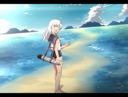 Rule 34 | 1girl, any (lucky denver mint), ass, bare arms, bare legs, bare shoulders, barefoot, blue eyes, blue sky, blush, cloud, commentary request, crop top, day, flower, from behind, hair flower, hair ornament, highres, kantai collection, letterboxed, long hair, looking at viewer, looking back, mountain, nontraditional school swimsuit, ocean, one-piece swimsuit, one-piece tan, open mouth, outdoors, ro-500 (kancolle), sailor collar, school swimsuit, school uniform, serafuku, sky, smile, solo, standing, swimsuit, swimsuit under clothes, tan, tanline, torpedo, white hair