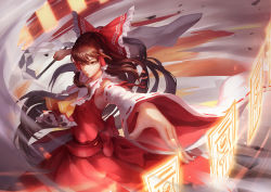 Rule 34 | 1girl, bow, brown eyes, brown hair, detached sleeves, dress, gohei, hair bow, hair tubes, hakurei reimu, highres, long hair, long sleeves, looking at viewer, nontraditional miko, outstretched arms, red dress, revision, sash, solo, spell card, touhou, ttk (kirinottk), wide sleeves