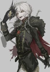 Rule 34 | 1boy, black fur, black gloves, black pants, black sclera, braid, cape, colored sclera, fur-trimmed cape, fur trim, gloves, gradient background, grey hair, hair between eyes, highres, holding, holding mask, holding weapon, identity v, ithaqua (identity v), ithaqua (morningstar) (identity v), jiz (pffbq), long hair, looking at viewer, male focus, mask, multiple braids, open mouth, pants, sketch, smile, solo, standing, upper body, weapon, yellow eyes