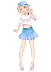 Rule 34 | 1girl, bad id, bad pixiv id, blue hat, blush stickers, full body, hat, midriff, navel, off shoulder, open mouth, shirt, simple background, solo, standing, white background, white footwear, white shirt, yukiyaii