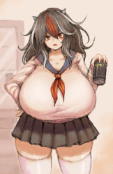 Rule 34 | 1girl, 2b-ge, black skirt, breasts, brown eyes, brown hair, can, curvy, energy drink, gigantic breasts, grey hair, hand on own hip, highres, holding, holding can, horns, huge breasts, kijin seija, long hair, long sleeves, looking at viewer, medium hair, monster energy, multicolored hair, neckerchief, open mouth, plump, red neckerchief, sailor collar, shirt, skirt, solo, standing, thick thighs, thighhighs, thighs, touhou, white hair, white shirt, white thighhighs