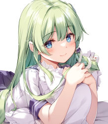 Rule 34 | 1girl, alternate costume, blue eyes, blush, closed mouth, commentary request, frog hair ornament, green hair, hair ornament, kochiya sanae, long hair, looking at viewer, lying, miyase mahiro, on stomach, pillow, school uniform, serafuku, shirt, short sleeves, simple background, smile, snake hair ornament, solo, touhou, white background, white shirt