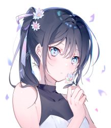 Rule 34 | 1girl, artist name, bare shoulders, black hair, blue eyes, blush, breasts, cleavage, collarbone, commentary, crop top, english commentary, falling petals, flower, hair between eyes, hair flower, hair ornament, hair ribbon, hand up, highres, holding, holding flower, leaf, long hair, looking at viewer, medium breasts, miwano rag, original, petals, ponytail, purple ribbon, ribbon, sidelocks, signature, sleeveless, solo, upper body, white background, white flower