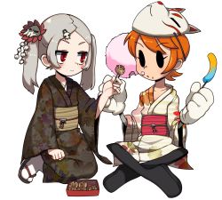 Rule 34 | 2girls, :o, absurdres, bloody marie (skullgirls), brown kimono, closed mouth, cotton candy, crossed legs, floral print, food, food on face, fox mask, full body, geta, gloves, grey hair, hair ornament, highres, japanese clothes, kimono, lakilolom, long hair, looking at another, mask, multiple girls, obi, open mouth, orange hair, peacock (skullgirls), red eyes, sash, short hair, simple background, sitting, skull hair ornament, skullgirls, smile, tabi, transparent background, twintails, white background, white footwear, white gloves, white kimono
