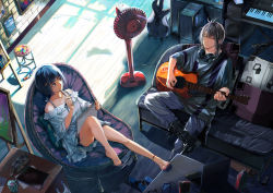 Rule 34 | 1boy, 1girl, acoustic guitar, ankleband, barefoot, black eyes, black footwear, blue hair, blue pants, boots, breasts, cable, closed eyes, closed mouth, commentary request, couch, cross-laced footwear, cup, day, dress, easel, electric fan, electric guitar, electric plug, electrical outlet, facing away, feet on chair, frilled dress, frills, from above, grey hair, grey shirt, guitar, hair between eyes, hair ornament, hairclip, hand up, headphones, headphones around neck, highres, holding, holding instrument, holding pencil, holding sketchbook, indoors, instrument, keyboard (instrument), knee up, leg up, looking at another, medium hair, mug, music, neori, off-shoulder dress, off shoulder, original, outstretched leg, oversized clothes, paint, palette (object), pants, pencil, phone, pillow, playing instrument, shirt, short hair, sitting, sketchbook, slippers, unworn slippers, small breasts, smile, speaker, stool, sunlight, table, white dress, wooden floor