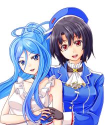 Rule 34 | 10s, 2girls, :d, aoki hagane no arpeggio, ascot, bare shoulders, beret, black gloves, black hair, blue eyes, blue hair, breasts, choker, collarbone, crossover, dress, frilled sleeves, frills, gloves, hat, head tilt, kantai collection, long hair, long sleeves, looking at viewer, medium breasts, military, military uniform, multiple girls, name connection, oimari, open mouth, ponytail, red eyes, short hair, sidelocks, sleeveless, sleeveless dress, smile, takao (aoki hagane no arpeggio), takao (kancolle), uniform, upper body, white dress