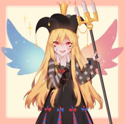 Rule 34 | 1girl, alternate costume, black dress, blonde hair, borrowed design, candle, clownpiece, crown, dress, facepaint, hajin, hat, jester cap, long hair, looking at viewer, neck ruff, polearm, red eyes, see-through, simple background, smile, solo, star (symbol), striped, touhou, trident, weapon, wings