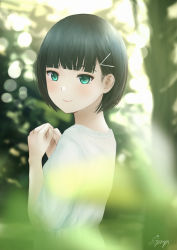 Rule 34 | 10s, 1girl, alternate hair color, alternate hair length, alternate hairstyle, artist name, backlighting, bad id, bad pixiv id, black hair, blunt bangs, blurry, blurry background, blurry foreground, blush, bokeh, closed mouth, day, depth of field, green eyes, hair ornament, hairclip, highres, kurosawa dia, lips, looking at viewer, looking to the side, love live!, love live! sunshine!!, mole, mole under mouth, outdoors, own hands together, papi (papiron100), short hair, short sleeves, smile, solo, standing, tan, upper body