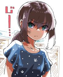 Rule 34 | 1girl, anchor symbol, badluck2033, black hair, blue dress, commentary request, dress, fubuki (kancolle), green eyes, kantai collection, long hair, looking at viewer, official alternate costume, polka dot, polka dot dress, ponytail, sidelocks, solo, upper body