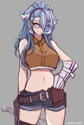 Rule 34 | 1girl, belt, blue eyes, blue hair, blue shorts, breasts, brown belt, brown shirt, collared shirt, cosplay, cropped shirt, devil may cry (series), devil may cry 5, elira pendora, glasses, gloves, grey background, hair behind ear, hair over one eye, hand on own hip, highres, holding, holding wrench, large breasts, m r b, midriff, navel, nico (devil may cry), nico (devil may cry) (cosplay), nijisanji, nijisanji en, ponytail, shirt, shorts, single glove, sleeveless, sleeveless shirt, smile, solo, virtual youtuber, wide hips, wrench