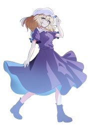 Rule 34 | 1girl, absurdres, blonde hair, boots, eyelashes, frilled bonnet, from side, full body, hair between eyes, hand up, highres, long hair, long skirt, looking at viewer, maribel hearn, puffy short sleeves, puffy sleeves, purple shirt, purple skirt, rinkaito1231, shirt, short sleeves, skirt, smile, solo, touhou, transparent background, walking, yellow eyes