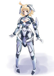 Rule 34 | 1girl, ahoge, armor, blonde hair, breasts, character request, cleavage, cleavage cutout, clothing cutout, original, pigeon-toed, power armor, red eyes, short hair, smile, solo, sowel (sk3)