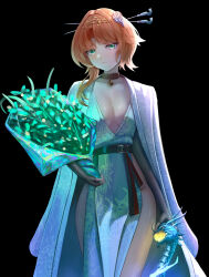 Rule 34 | 1girl, absurdres, belt, bolcham, bouquet, breasts, cane, chinese hairpin, cleavage, druvis iii, flower, gradient skin, green eyes, hair ornament, hairpin, highres, holding, holding bouquet, legs, medium breasts, orange hair, reverse:1999, robe, short hair