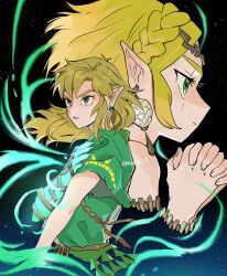 Rule 34 | 1boy, 1girl, archaic set (zelda), blonde hair, blue eyes, braid, cropped torso, earrings, from side, green eyes, hand on own chest, hand up, highres, jewelry, link, makoto 139, medium hair, nintendo, own hands together, parted lips, pointy ears, princess zelda, profile, short hair, short sleeves, star (symbol), starry background, teeth, the legend of zelda, the legend of zelda: tears of the kingdom