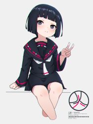 Rule 34 | 1girl, black dress, black hair, black sailor collar, blush, closed mouth, collarbone, commentary request, cropped legs, dress, grey background, grey eyes, highres, kuro kosyou, long sleeves, original, sailor collar, sailor dress, short eyebrows, short hair, sitting, sleeves past wrists, smile, solo, thick eyebrows, wide sleeves, zashiki-warashi
