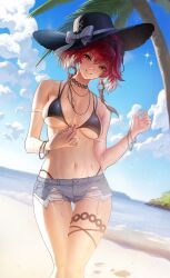 1girl alternate_costume armlet bare_shoulders beach bikini black_bikini black_hat bow bracelet braid breasts changli_(wuthering_waves) choker cleavage cloud cutoffs day denim denim_shorts fern footprints grin hair_extensions hair_ornament hairband hat hat_bow head_tilt highleg highleg_bikini highres jewelry jykim_art korean_commentary large_breasts leaf looking_at_viewer micro_shorts mixed-language_commentary multicolored_hair navel outdoors pink_hair ring_hair_extensions sand shore short_hair shorts smile solo standing star_(sky) strap_pull sun_hat sweat swimsuit thigh_gap thigh_strap tree twin_braids two-tone_hair underboob water white_hair wuthering_waves