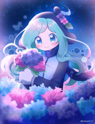 Rule 34 | 1boy, androgynous, aqua hair, artist name, black hat, blue eyes, blue flower, blush, closed mouth, colored eyelashes, curly hair, drooling, ecolo (puyopuyo), eyes visible through hair, floating hair, flower, gloves, hat, hat flower, highres, holding, holding flower, hydrangea, leaf, long hair, long sleeves, looking at viewer, male focus, night, night sky, outdoors, pink flower, purple flower, puyopuyo, shinonome pinano, sky, smile, solo, sparkle, star (sky), starry sky, unusual ecolo, upper body, wet