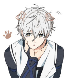 Rule 34 | 1boy, :o, animal ears, aotsuki ren, blue lock, brown eyes, commentary request, dog ears, fake animal ears, grey hair, hair between eyes, hand on another&#039;s face, long sleeves, looking at viewer, male focus, nagi seishirou, open mouth, out of frame, paw print, short hair, simple background, soccer uniform, sportswear, white background