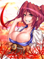 Rule 34 | 1girl, bad id, bad pixiv id, breasts, cleavage, female focus, flower, grin, huge breasts, masataka, onozuka komachi, open clothes, smile, solo, spider lily, touhou