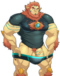 Rule 34 | 1boy, absurdres, bara, beard, black male underwear, body markings, body modification, chest jewel, colored skin, cyborc (retrosharkspike), cyborg, earrings, facial hair, feet out of frame, forehead jewel, full beard, girthy penis, highres, huge eyebrows, jewelry, large pectorals, looking ahead, maldu (chokeylover), male focus, male underwear, male underwear pull, mature male, monster boy, muscular, muscular male, orange fur, orc, original, pectorals, penis, pointy ears, seductive smile, shirt, short hair, smile, solo, standing, t-shirt, thick beard, torn clothes, torn shirt, tusks, underwear, undressing, yellow skin
