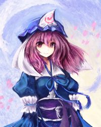 Rule 34 | 1girl, bad id, bad pixiv id, breasts, cherry blossoms, dot heit, female focus, hat, japanese clothes, long hair, obi, petals, pink eyes, pink hair, saigyouji yuyuko, sash, solo, touhou, traditional media, triangular headpiece, upper body