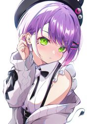 Rule 34 | 1girl, :t, absurdres, beret, black bow, black hat, blush, bow, closed mouth, collared shirt, commentary, demon tail, ear piercing, earrings, green eyes, grey jacket, hair ornament, hairclip, hand up, hat, highres, hololive, jacket, jewelry, long sleeves, looking at viewer, multicolored hair, off shoulder, official alternate costume, open clothes, open jacket, pension z, piercing, pink hair, pout, purple hair, shirt, short hair, simple background, sleeveless, sleeveless shirt, solo, streaked hair, tail, tail ornament, tail piercing, tokoyami towa, upper body, virtual youtuber, white background, white shirt, x hair ornament