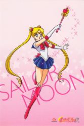 Rule 34 | 1990s (style), 1girl, bishoujo senshi sailor moon, blonde hair, blue eyes, blue skirt, boots, bow, character name, copyright name, crescent, crescent earrings, double bun, earrings, elbow gloves, female focus, full body, gloves, gradient background, hair bun, highres, holding, holding wand, jewelry, knee boots, leotard, long hair, magical girl, miniskirt, official art, open mouth, pink background, pink footwear, pleated skirt, retro artstyle, sailor moon, sailor senshi, sailor senshi uniform, skirt, solo, star (symbol), starry background, tiara, tsukino usagi, twintails, very long hair, wand