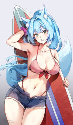 Rule 34 | 1girl, animal ear fluff, animal ears, arm up, bare shoulders, bikini, blue hair, blue shorts, blush, breasts, cleavage, collarbone, fox ears, fox tail, foxyreine, green eyes, highres, large breasts, long hair, looking at viewer, navel, open mouth, original, pink bikini, shorts, sister reine (foxyreine), smile, solo, surfboard, swimsuit, tail, thighs
