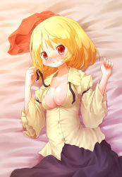 Rule 34 | 1girl, aki minoriko, arinu, blonde hair, blush, breasts, cleavage, covered erect nipples, hat, large breasts, lying, neck ribbon, on back, on bed, open clothes, open shirt, red eyes, shirt, short hair, smile, solo, touhou, undone, undone neck ribbon