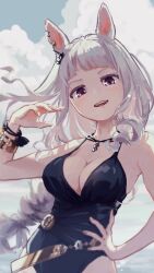 Rule 34 | 1girl, animal ears, bare arms, bare shoulders, black one-piece swimsuit, blue sky, braid, breasts, casual one-piece swimsuit, cleavage, cloud, cloudy sky, commentary request, day, gold ship (run revolt launcher) (umamusume), grey hair, hand on own hip, hand up, head tilt, highres, horse ears, igafujino, large breasts, long hair, looking at viewer, one-piece swimsuit, outdoors, purple eyes, single braid, sky, solo, swimsuit, umamusume, very long hair