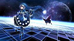 Rule 34 | 1girl, adapted costume, arkatopia, blue capelet, blue dress, blue eyes, blue footwear, blue hair, blue hat, book, boots, bug, butterfly, capelet, checkered floor, commentary request, doremy sweet, dress, full body, hair between eyes, hat, high heel boots, high heels, holding, holding book, insect, knee boots, long sleeves, moon, parted lips, pom pom (clothes), santa hat, short hair, skirt hold, sky, smile, solo, standing, star (sky), starry sky, tail, tapir tail, touhou