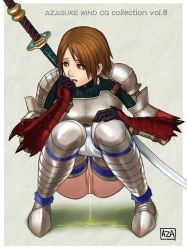 Rule 34 | 1girl, armor, azasuke, brown eyes, brown hair, capcom, censored, clothes pull, earrings, gauntlets, gloves, highres, jewelry, monster hunter (series), peeing, pussy, short hair, shorts, shorts pull, solo, squatting, sword, thighhighs, weapon