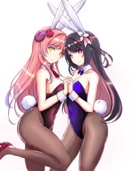 Rule 34 | 2girls, animal ears, bare shoulders, black hair, bow, bowtie, breasts, brown legwear, cleavage, closed mouth, collarbone, commentary, covered navel, curled horns, detached collar, english commentary, fake animal ears, fake tail, flower, hair flower, hair ornament, high heels, highleg, highleg leotard, highres, hina misora, holding hands, horns, kurari rose, large breasts, legs apart, leotard, long bangs, long hair, looking at viewer, medium breasts, multicolored hair, multiple girls, necktie, pantyhose, parted bangs, pink hair, playboy bunny, purple leotard, rabbit ears, rabbit tail, red footwear, red leotard, red necktie, rose, simple background, slash-ex, smile, standing, standing on one leg, strapless, strapless leotard, streaked hair, symbol-shaped pupils, tail, thighs, traditional bowtie, two-tone hair, virtual youtuber, wactor production, white background, wrist cuffs, yellow eyes