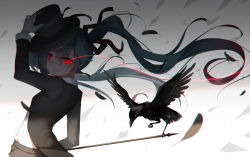 Rule 34 | 1girl, bird, black ribbon, blue hair, blurry, closed mouth, crow, depth of field, feathers, floating hair, from side, gloves, glowing, glowing eyes, hair ribbon, hat, hatsune miku, holding, jacket, open clothes, open jacket, qys3, red eyes, ribbon, smile, smirk, solo, top hat, twintails, upper body, vocaloid, white gloves