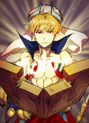 Rule 34 | 1boy, abs, arabian clothes, blonde hair, collar, cowboy shot, cropped vest, fate/grand order, fate (series), gilgamesh (fate), gilgamesh (caster) (fate), glowing, kawasemi (pocorit), looking at viewer, male focus, red eyes, runes, topless male, signature, solo, stone tablet, turban, vest