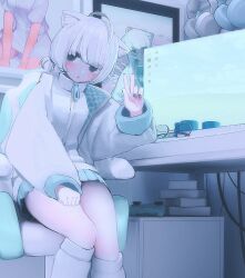 Rule 34 | 1girl, :o, ahoge, animal ear fluff, animal ears, black eyes, black nails, blunt bangs, blush, book, cat ears, cat girl, chair, computer, controller, unworn eyewear, game controller, gaming chair, glasses, headphones, indoors, jacket, long sleeves, looking at viewer, m. (emudotto), mole, mole under eye, monitor, nail polish, original, parted lips, picture frame, pleated skirt, round eyewear, short hair, sitting, skirt, solo, swivel chair, w, white hair, zipper pull tab