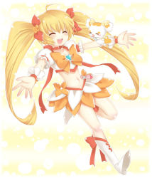Rule 34 | 10s, 1girl, :d, blonde hair, boots, bow, brooch, cure sunshine, closed eyes, hair ribbon, happy, heart, heart brooch, heartcatch precure!, jewelry, knee boots, long hair, magical girl, midriff, myoudouin itsuki, navel, open mouth, orange bow, orange skirt, outstretched arms, potpourri (heartcatch precure!), precure, ribbon, skirt, smile, spread arms, twintails, very long hair, yellow background, yellow theme, yui (prasticgirl), yui (spica)