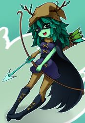 Rule 34 | 1girl, adventure time, antlers, arrow (projectile), bow (weapon), cape, colored skin, domino mask, dryad, green eyes, green hair, green skin, highres, horns, huntress wizard, leaf, mask, monster girl, plant girl, quiver, solo, weapon